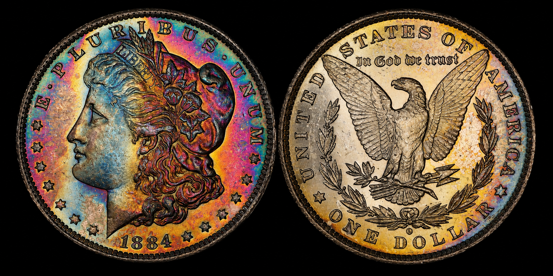 1884 rainbow toned Morgan silver dollar